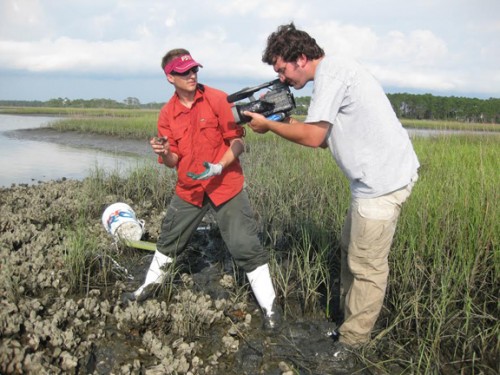 Rob Dias de Villegas (right) filming Dr. David Kimbro on the first day of their NSF funded oyster study in 2010.  Photo courtesy Rob Dias de Villegas.