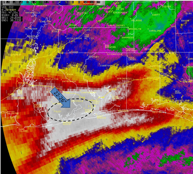 Radar estimated event rainfall totals (in.) between 848 PM CDT Mon., 28 April – 920 AM CDT Wed., 30 April. See scale on top. 